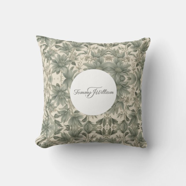 Sage Green Floral Elegant Throw Pillow (Front)