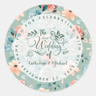 Sage Green Floral Elegant Wedding Calligraphy Classic Round Sticker