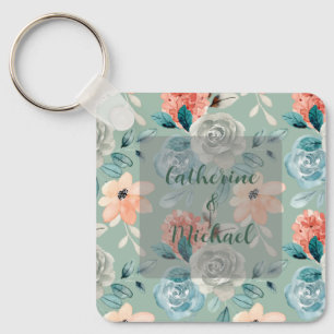 Sage Green Floral Elegant Wedding Calligraphy  Keychain