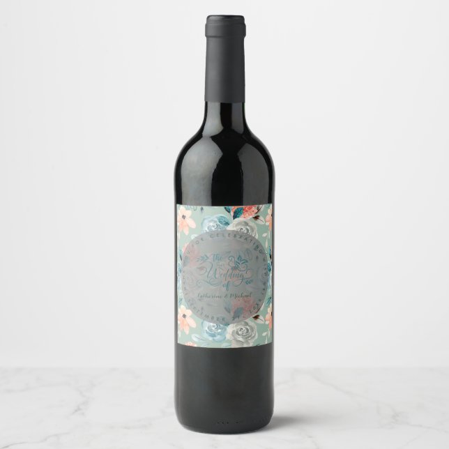 Sage Green Floral Elegant Wedding Calligraphy  Wine Label (Front)