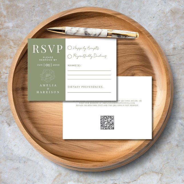 Sage Green Floral Elegant Wedding RSVP Card (Sage Green Floral Elegant Wedding  RSVP Card with Dietary Preferences, QR Code, Wedding Website.)