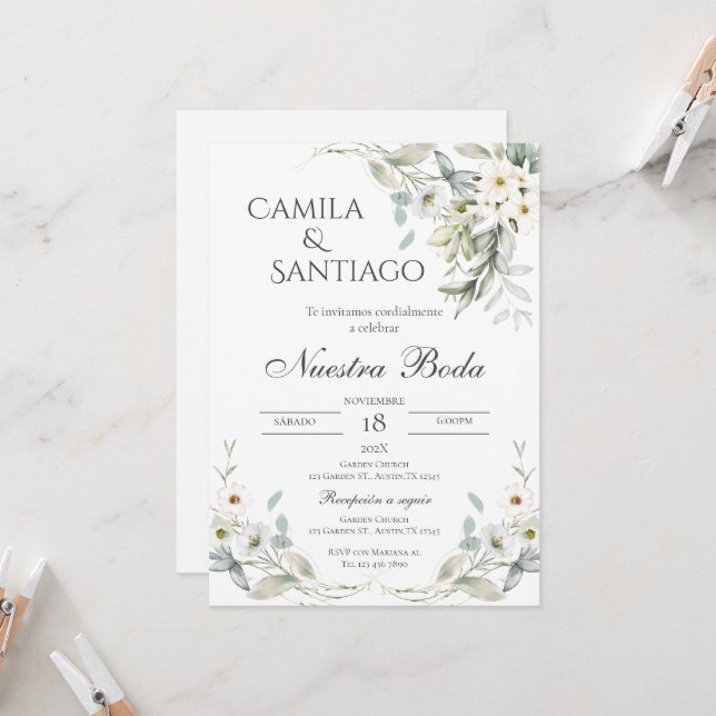 Sage Green Floral faire-part de mariage en espagno (Devant/Arrière en situation)
