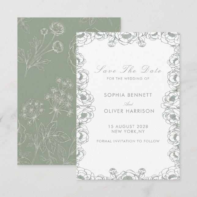  sage green floral garden simple classy save the date (Front/Back)