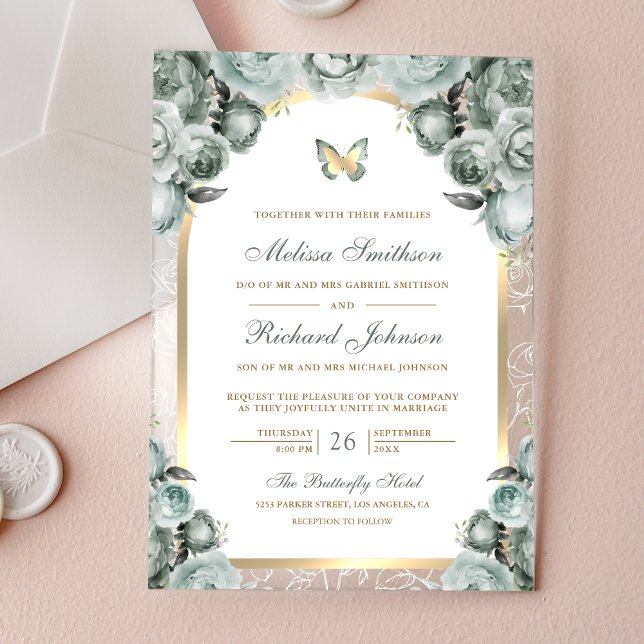 Sage Green Floral Gold Arch Butterfly Wedding Acrylic Invitations (Creator Uploaded)