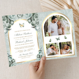 Sage Green Floral Gold Arch Butterfly Wedding Invitation