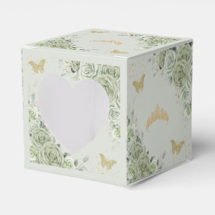 Sage Green Floral Gold Butterflies Quince XV Mini Favor Box