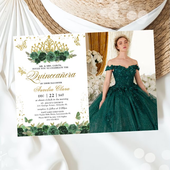 Sage Green Floral Gold Butterflies Quinceañera Invitation (Creator Uploaded)