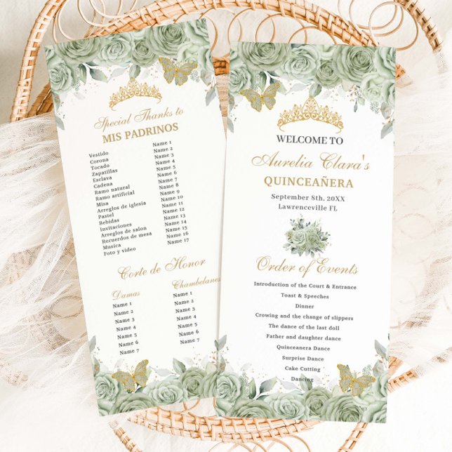Sage Green Floral Gold Quinceañera Order of Events Program (Creator Uploaded)