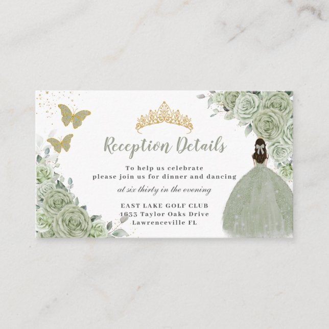 Sage Green Floral Gold Quinceañera Reception Enclosure Card (Front)