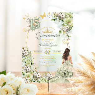 Sage Green Floral Golden Butterflies Quinceañera Acrylic Invitations