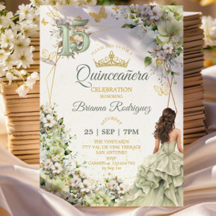 Sage Green Floral Golden Butterflies Quinceañera Invitation