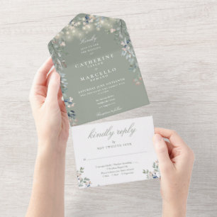 Sage Green Floral Greenery String Lights Wedding All In One Invitation