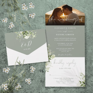 Sage Green Floral Greenery Wedding Photo All In One Invitation