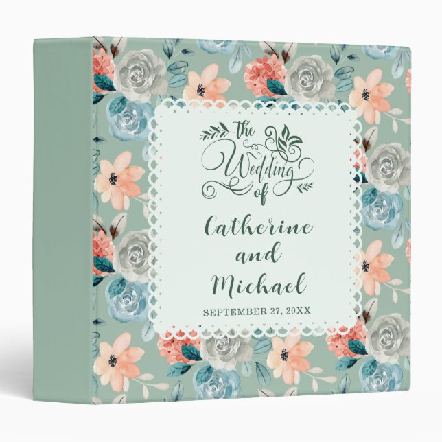 Sage Green Floral Lace Elegant Wedding Calligraphy Binder (Front/Spine)