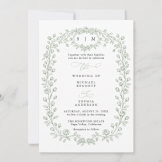 Sage Green Floral Line Art Wedding Invitation