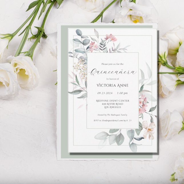 Sage Green Floral Modern Quinceañera Invitation (Creator Uploaded)