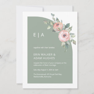 Sage Green Floral Monogram Half Arch Wedding Invitation