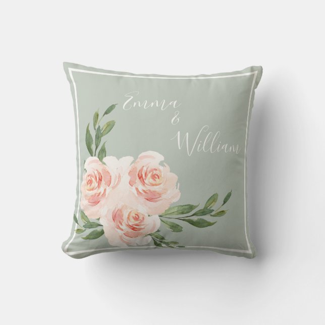 Sage Green Floral Names Wedding Throw Pillow (Front)