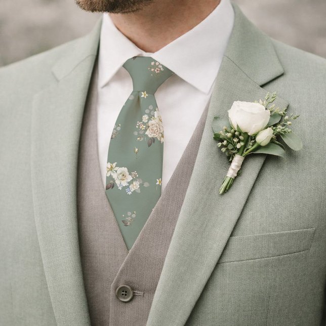 Sage Green Floral Necktie for Wedding (Creator Uploaded)