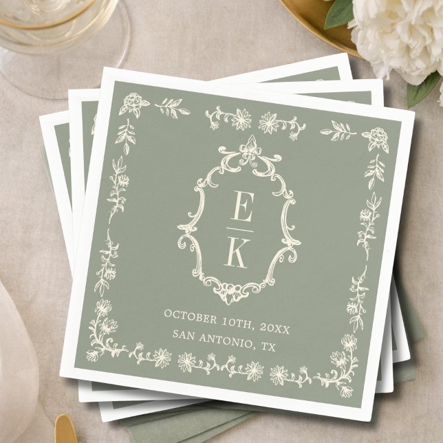 Sage Green Floral Old Money Monogram Crest Wedding Napkin (Creator Uploaded)