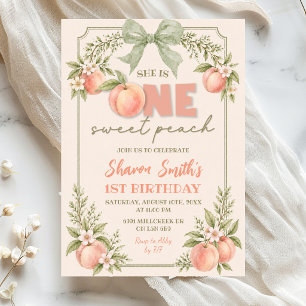 Sage Green Floral One Sweet Peach First Birthday Invitation