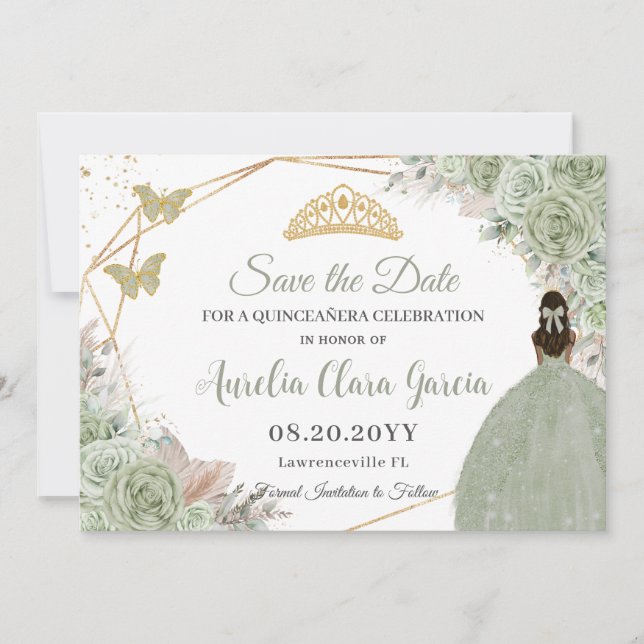 Sage Green Floral Pampas Grass Quinceanera Gold Save The Date (Front)