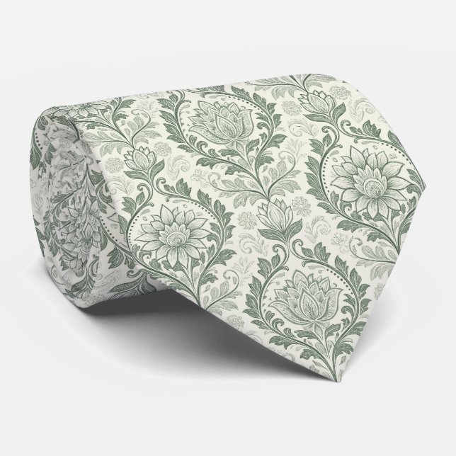 Sage Green Floral Pattern  Tie (Rolled)