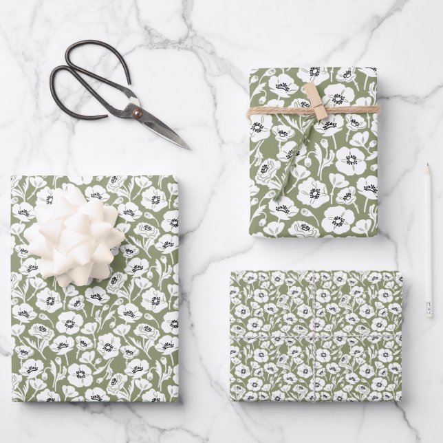 Sage Green Floral Pattern Wrapping Paper Sheet (Front)