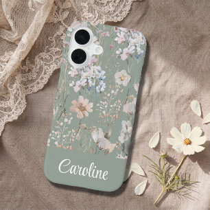 Sage Green Floral Personalized iPhone 16 Case