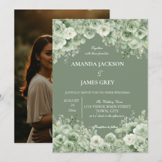 Sage Green Floral Photo Back Wedding  Invitation