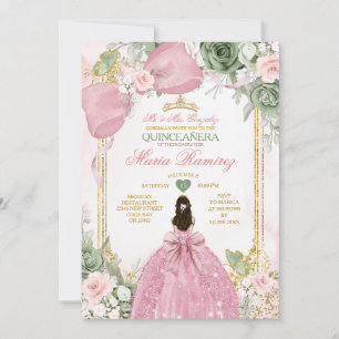 Sage Green Floral Pink Dress Princess Quinceañera Invitation
