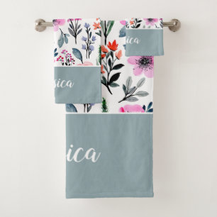 Sage Green Floral Pink Pattern Name Bath Towel Set