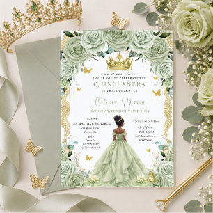Sage Green Floral Princess and Frog Quinceañera Invitation