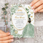 Sage Green Floral Princess Dress Gold Quinceañera Invitation<br><div class="desc">Personalize this pretty sage green floral Quinceañera / Sweet 16 birthday invitation easily and quickly. Simply click the customize it further button to edit the texts, change fonts and fonts colours. Featuring a girl dressed in a beautiful sage green ball gown, soft watercolor sage green flowers, butterflies and a gold...</div>