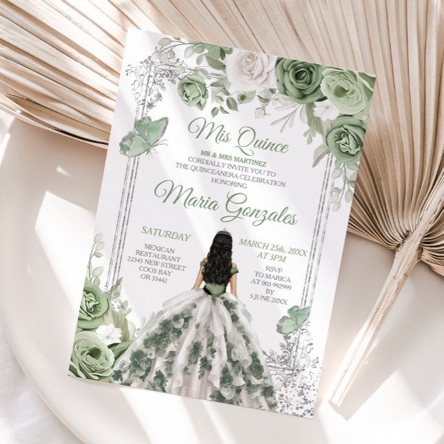 Sage Green Floral Princess Dress Silver Mis Quince Invitation (Creator Uploaded)