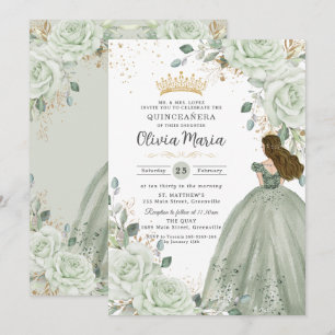 Sage Green Floral Princess Gown Quinceañera Quince Invitation