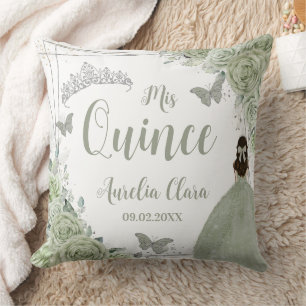 Sage Green Floral Princess Silver 15 Quinceañera  Throw Pillow