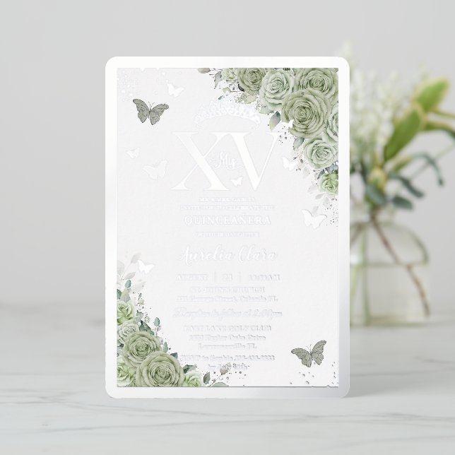 Sage Green Floral Quinceañera Butterflies Silver (Standing Front)