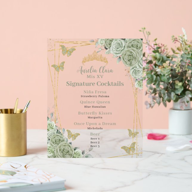 Sage Green Floral Quinceanera Cocktails Bar Menu (Mariage)