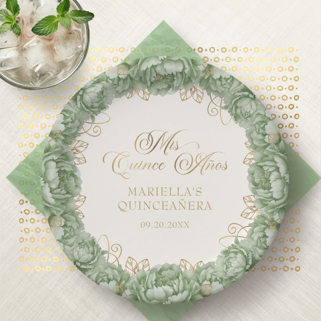 Sage Green Floral Quinceanera Paper Plate (Creator Uploaded)