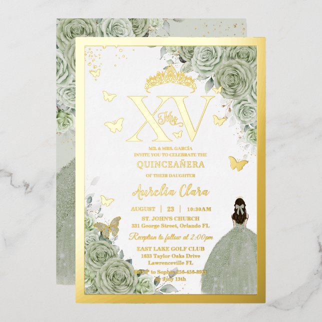 Sage Green Floral Quinceañera Quince 15 XV Gold (Front/Back)