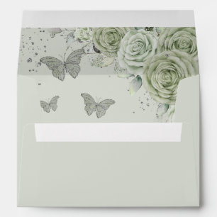  Sage Green Floral Quinceañera Sweet 16 Butterfly Envelope