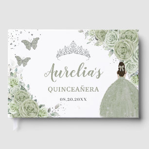 Sage Green Floral Rose Princess Silver Quinceañera Guest Book