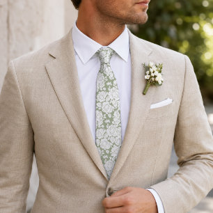 Sage Green Floral Rose White Neck Tie