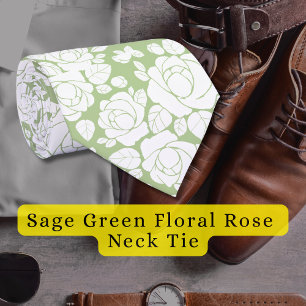 Sage Green Floral Rose White Neck Tie