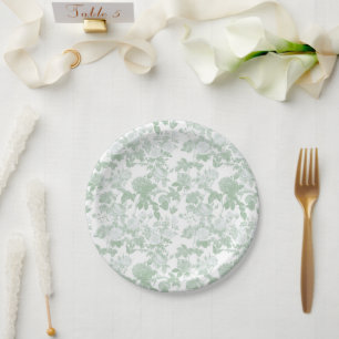 Sage Green Floral Roses French Chinoiserie Pattern Paper Plate