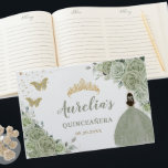Sage Green Floral Roses Princess Gold Quinceañera Guest Book<br><div class="desc">Cherish your special day for the years to come with a customized guest book. Featuring a quince girl in a sage green gown, pretty sage green roses and green and gold butterflies. Personalize it with your details easily and quickly, simply press the customise it button to further re-arrange and format...</div>