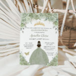 Sage Green Floral Roses Princess Gold Quinceañera Invitation<br><div class="desc">This chic Quinceañera invitation features a quince girl dressed in a sage green dress and lovely watercolor sage green floral and soft greenery foliage. Personalize it with your details easily and quickly, simply press the customise it button to further re-arrange and format the style and placement of the text. Also...</div>