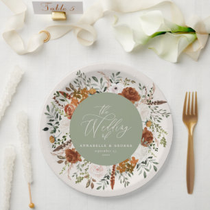 Sage green floral rustic elegant modern wedding paper plate