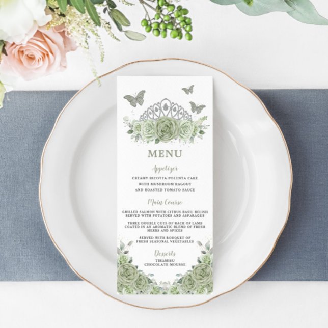 Sage Green Floral Silver Quinceanera Birthday Menu (Creator Uploaded)